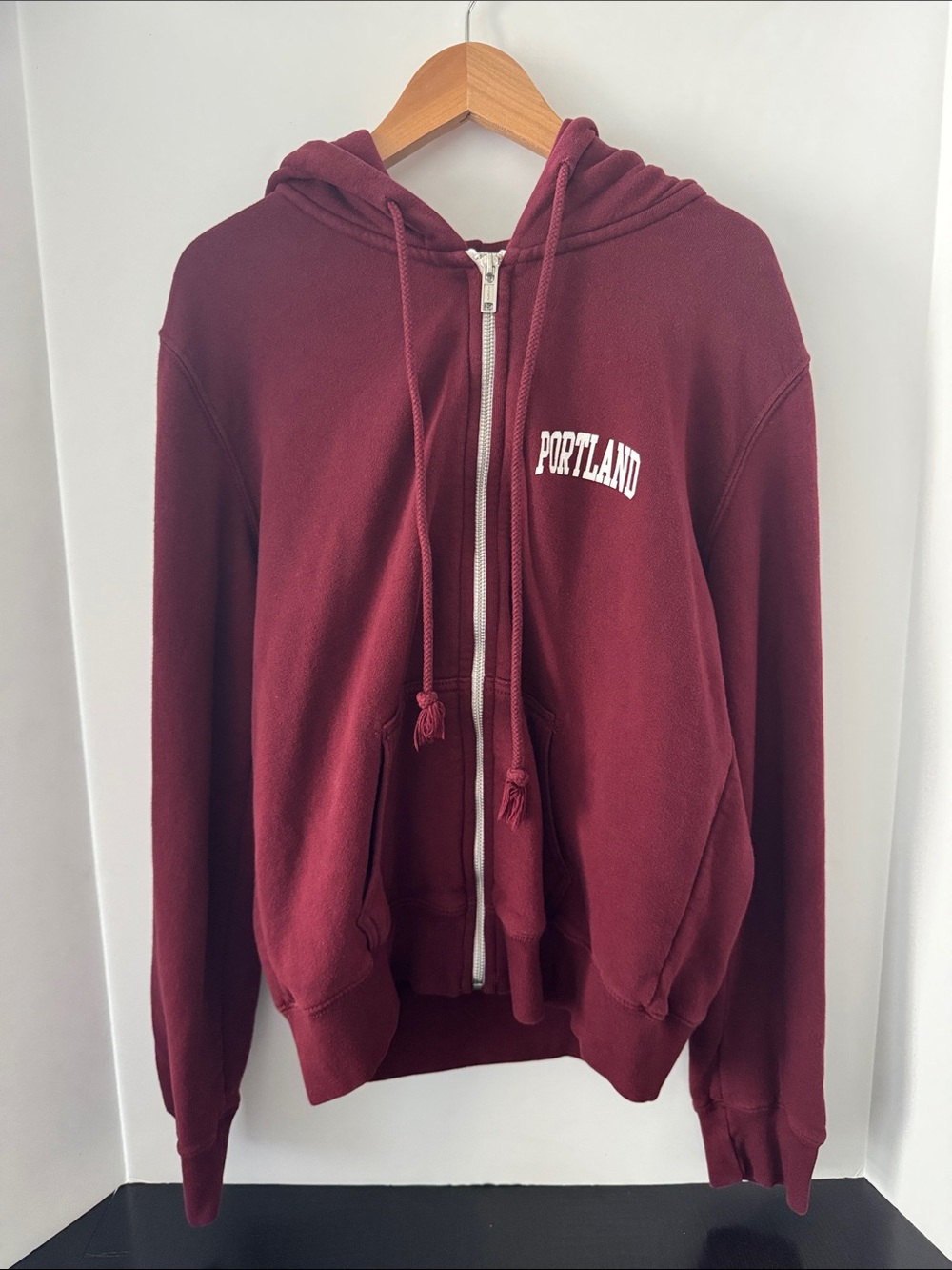 Brandy Melville John Galt Burgandy Zip-Up Hoodie with white lettering Portland